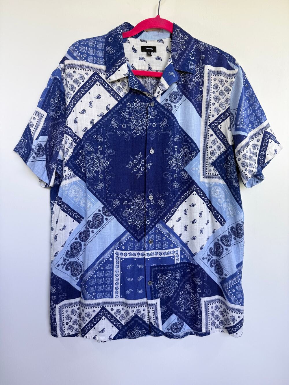 Express Men's L Tall Blue Patchwork Bandana Paisley Short Sleeve Button Up Shirt
